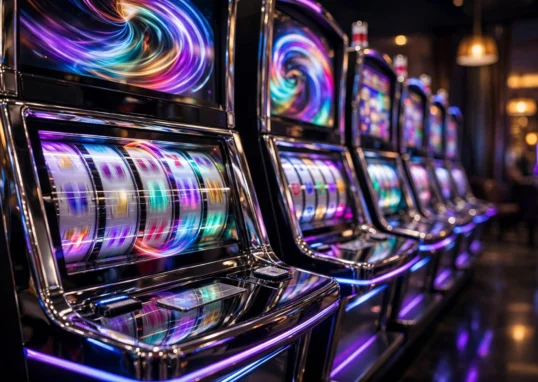 new online slots guide — modern neon-lit slot machines in a casino