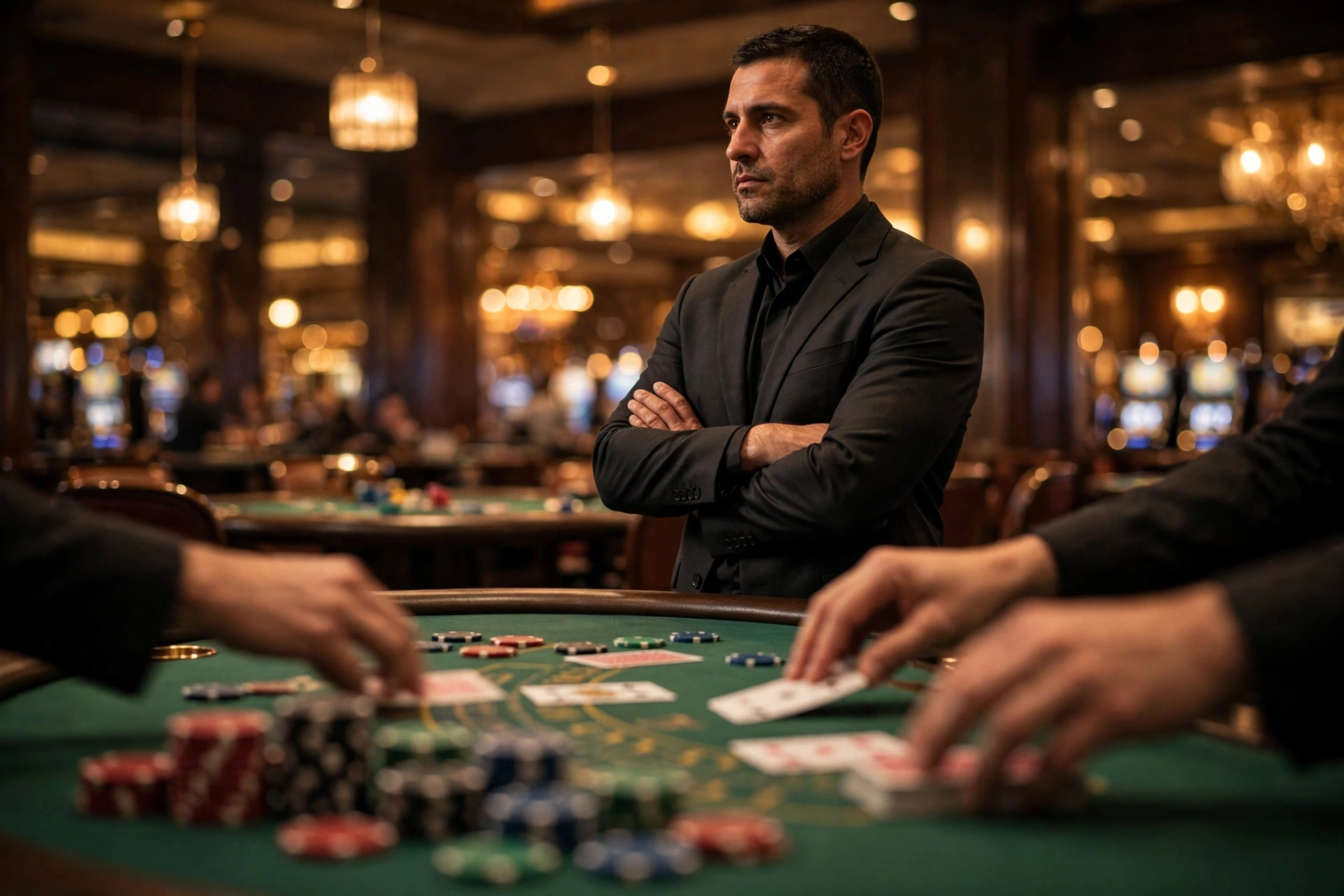 what is a casino pit boss — suited casino floor supervisor watching a blackjack table